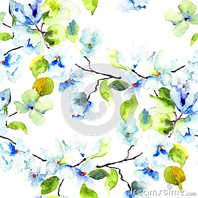 Seamless pattern with Blossoming tree brunch Cartoon Illustration