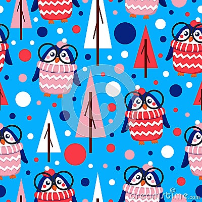 Seamless pattern blue baby penguins in pink, red, white hats and sweaters. Clever child in glasses. Blue background. Fir trees. Vector Illustration