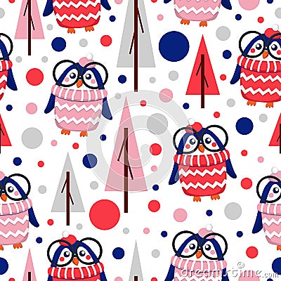 Seamless pattern blue baby penguins in pink, red, white hats and sweaters. Clever child in glasses. White background. Fir trees. Vector Illustration