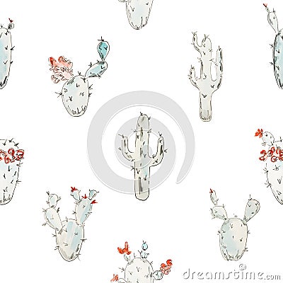 Seamless pattern. Blue blooming watercolor cactus with black outline on white background Stock Photo