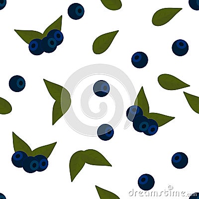 Seamless pattern: blue blueberries and leaves on a white background. Flat vector. Vector Illustration
