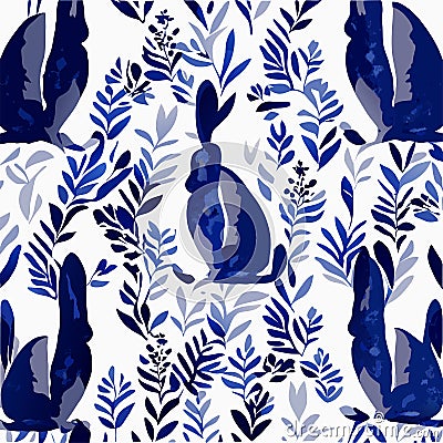 Seamless pattern with blue bunnies on a white background AI generated Vector Illustration