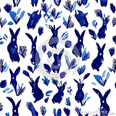 Seamless pattern with blue bunnies on a white background Generative AI Vector Illustration