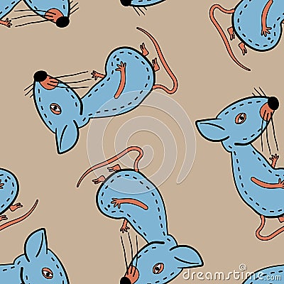 Seamless pattern with blue cartoon mouse on a flesh-coloured background Vector Illustration