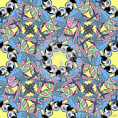 Seamless pattern with blue circles dancing fun Caribbean parrot. Vector Illustration