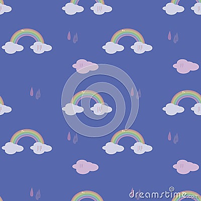 Seamless pattern blue colorful colorful rainbow weather figure drops rain clouds sky vector gift wrapping fun kids background Vector Illustration