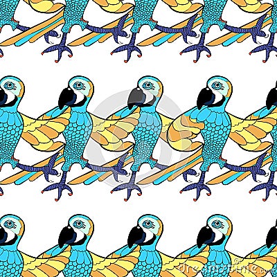 Seamless pattern with blue dancing cheerful Caribbean parrot. ve Vector Illustration