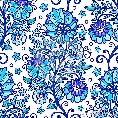 Seamless pattern blue decorative oriental flowers. Vector Vector Illustration