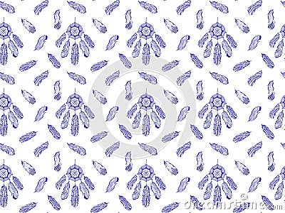 Seamless pattern of blue dreamcatchers and bird feathers drawn by hand in the zentangle style on a white background. Traditional t Vector Illustration