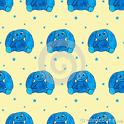 Seamless pattern with blue eastern rabbit on yellow board. Hand drawn picture. Watercolor texture Stock Photo