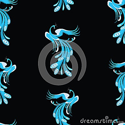 Seamless pattern of the blue fairytale birds Vector Illustration