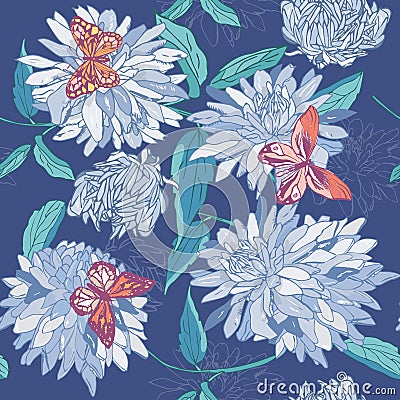 Seamless pattern of blue flowers with leaves and butterflies on a blue background. Aster, chrysanthemum, gerbera. Floral Vector Illustration