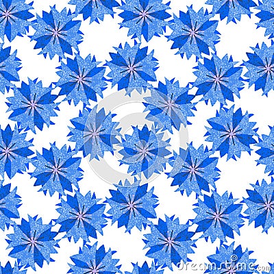 Seamless pattern, blue geometric stylized cornflower flowers, in a simple pattern on a white background. Bright ornament Vector Illustration