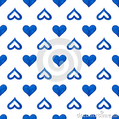 Seamless pattern blue hand drawn hearts on white background isolated, watercolor painted heart repeating ornament, love wallpaper Stock Photo