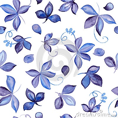 Seamless pattern with blue hand drawn watercolor leaf Vector Illustration