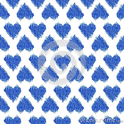 Seamless pattern blue heart ikat watercolor on white background Cartoon Illustration