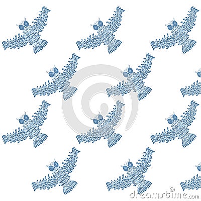 Seamless pattern blue high details stylized flying owls on white Vector Illustration