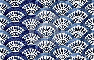 watercolor seamless pattern. blue oriental ornament, fish scales. Moroccan tiles. authentic hand drawing Stock Photo