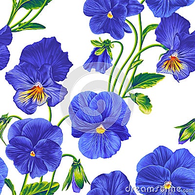 Seamless pattern with vector blue Pansies. Vector Illustration