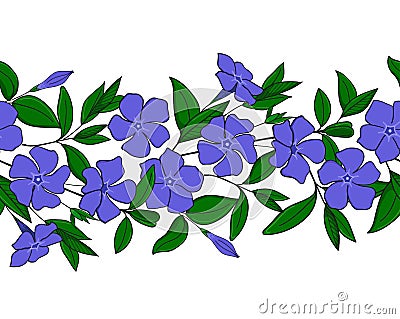 Seamless pattern of blue periwinkle. Garland with vinca flowers. floral elegant ornament. Endless border Stock Photo