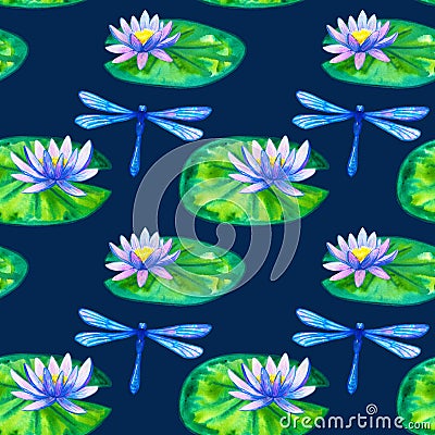 Seamless pattern. Blue pink water lilies on green leaves and dragonfly. Hand drawn watercolor illustration. On dark blue Stock Photo