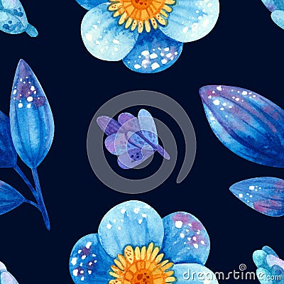 Seamless pattern with blue plants. Stylized flowers and leaves. Wallpaper, wrapping paper design, textile, scrapbooking, digital Cartoon Illustration