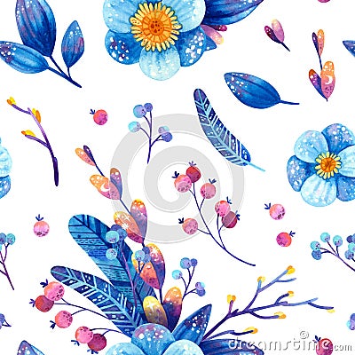 Seamless pattern with blue and purple cosmic plants. Stylized feathers, flowers, leaves, berries with symbols of stars and the moo Cartoon Illustration