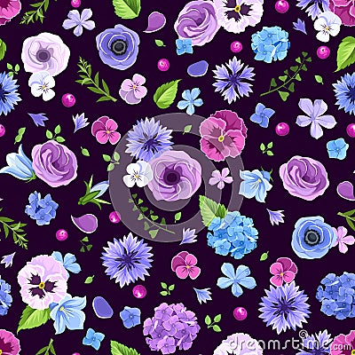 Seamless pattern with blue and purple flowers. Vector illustration. Vector Illustration