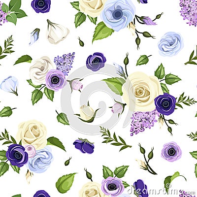 Seamless pattern with blue, purple and white roses, lisianthuses, anemones and lilac flowers. Vector illustration. Vector Illustration