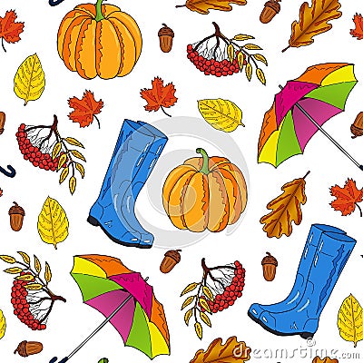 Seamless pattern from blue rubber boots, colorful umbrella and red maple leaves on a white background Cartoon Illustration