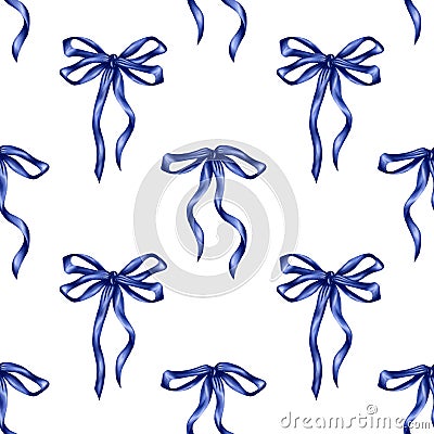 Seamless pattern of blue satin bows made of thin smooth ribbon. Decorations for holidays, birthdays. Decorative element for Cartoon Illustration