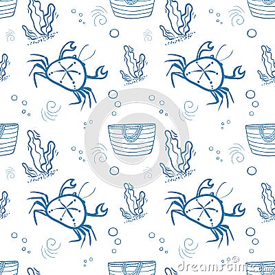 Seamless pattern Blue summer bag with stripes and crab, seaweed Vector Illustration