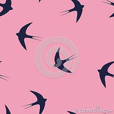 Seamless pattern with blue swallow birds on a pink background Vector Illustration