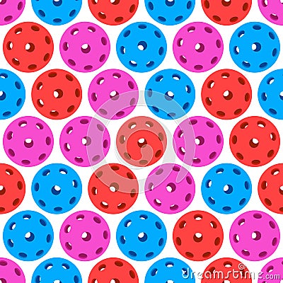 Seamless Pattern of Blue, Violet and Red Indoor Balls for Pickleball Vector Illustration