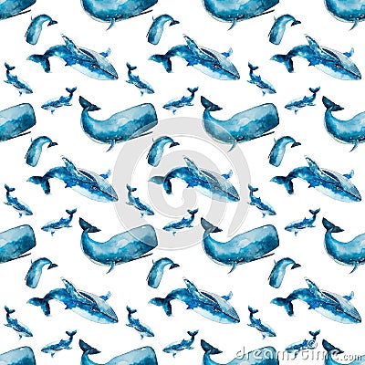Seamless pattern with blue whale and cachalot on white background. Handmade illustration of blue whale and cachalot Cartoon Illustration