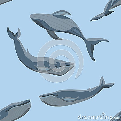 Seamless pattern. Blue whales in different poses on a blue background Vector Illustration