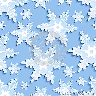 Seamless pattern with blue - white 3d snowflakes Vector Illustration