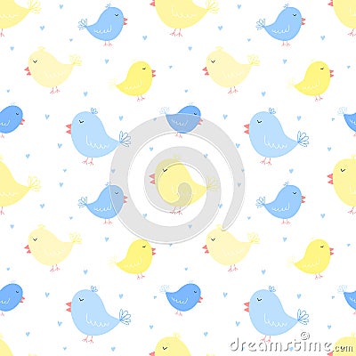 Seamless pattern of blue and yellow birds with hearts. Vector image for boy and girl. Illustration for holiday, baby shower, birth Stock Photo