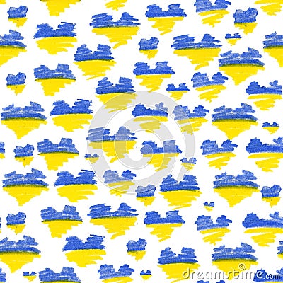 Seamless pattern with blue and yellow hearts, flag of Ukraine. Isolated elements on a white background, for patriotic publications Stock Photo