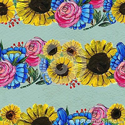 Seamless pattern with blue yellow and pink flowers Stock Photo