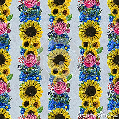 Seamless pattern with blue yellow and pink flowers Stock Photo