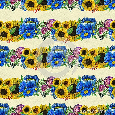 Seamless pattern with blue yellow and pink flowers Stock Photo