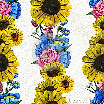 Seamless pattern with blue yellow and pink flowers Stock Photo