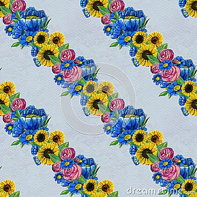 Seamless pattern with blue yellow and pink flowers Stock Photo