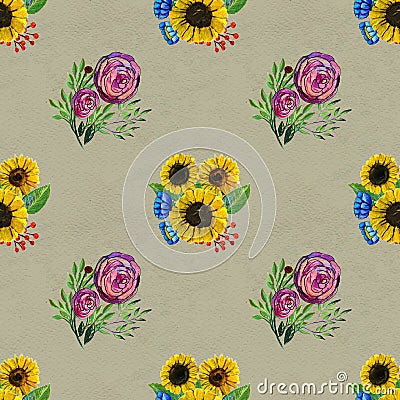 Seamless pattern with blue yellow and pink flowers Stock Photo