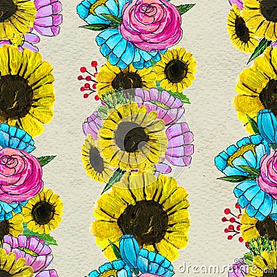 Seamless pattern with blue yellow and pink flowers Stock Photo