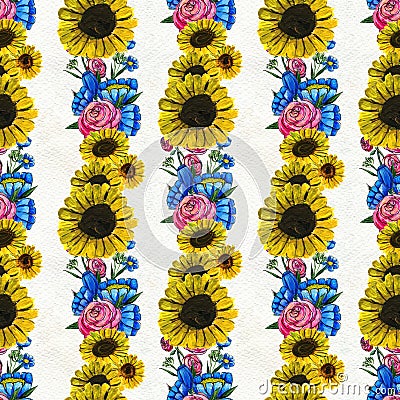 Seamless pattern with blue yellow and pink flowers Stock Photo