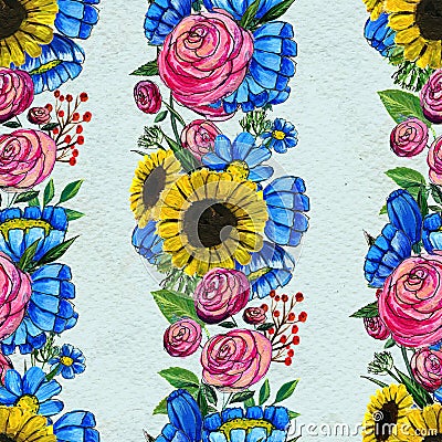 Seamless pattern with blue yellow and pink flowers Stock Photo