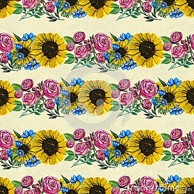 Seamless pattern with blue yellow and pink flowers Stock Photo