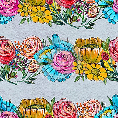 Seamless pattern with blue yellow and pink flowers Stock Photo